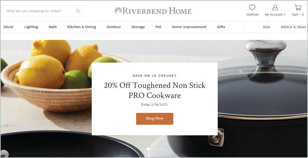 screenshot of Riverbend Home homepage with kitchenware for main image