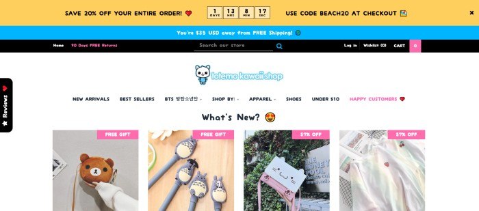 This screenshot of the homepage for Totemo Kawaii Shop shows a white background with four photos of kawaii bags, tee shirts and other items on sale.