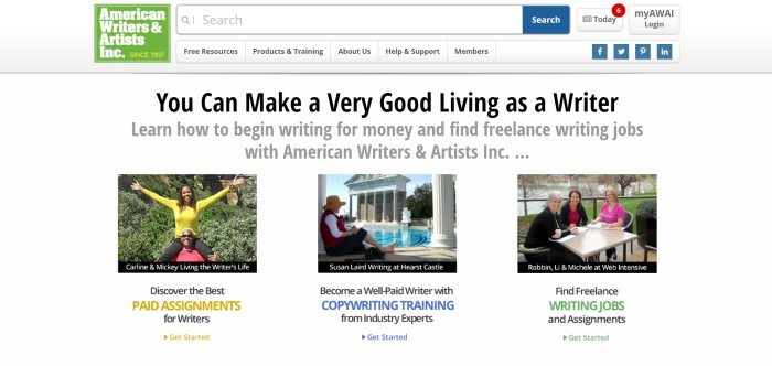 This screenshot of the home page for AWAI shows a white background with the logo in the upper left corner, a white navigation bar, and below that, three pictures showing writers who are making a good living with copywriting, along with text describing how people can make a good living as a writer.