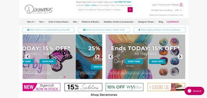 This screenshot of the home page of Deramores shows three photos--one of blue yarn, one of blue flip flops, and one of bright variegated yarn--along with advertisements for sales of 15% off, 25% off, and 15% off respectively.