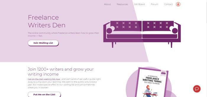 This screenshot of the home page for Freelance Writer's Den includes a white background with purple and white text boxes, a purple graphic of a sofa, an advertisement for a book, and two call-to-action buttons where referrals can join the waiting list. 