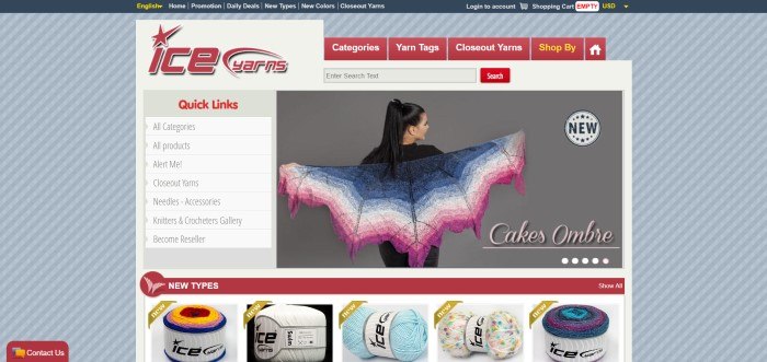  This screenshot of the home page for Ice Yarns shows a gray striped background, red logo, and a photo of a woman with a blue and pink knitted scarf above a row of photos showing new types of yarn.