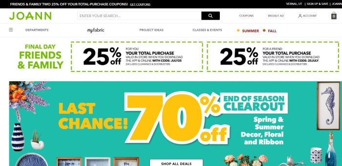 This screenshot of JoAnn Fabrics and Crafts shows two 25% off coupons near the top of the page and a photo showing a variety of floral and framed decorations with a bold yellow-texted 70% off advertisement for a spring and summer décor sale.