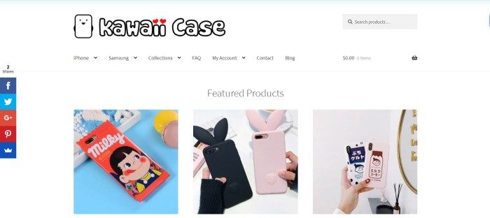 This screenshot of the homepage for Kawaii Case has a white background with photos of three featured kawaii-decorated mobile phone cases.