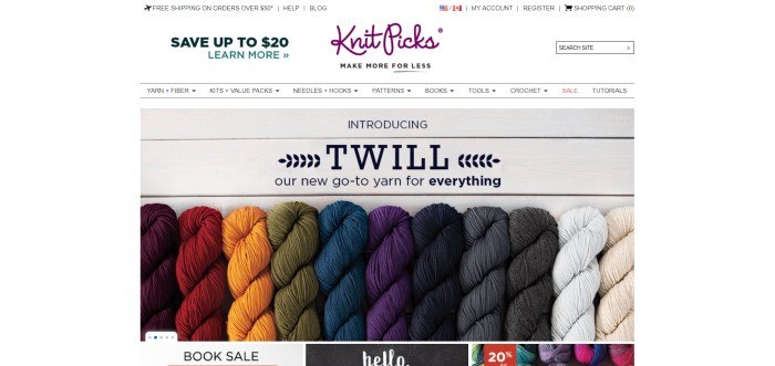 This screenshot of the home page for KnitPicks shows a photograph of a variety of colors of skeins of yarn lying in a row and an advertisement in black lettering for a new type of yarn.