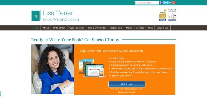 This screenshot of the Lisa Tener home page includes a white background, narrow teal header, black navigation bar, and an orange textbox advertising the Inspired Author Support Kit, just right of a photo of Lisa Tener.