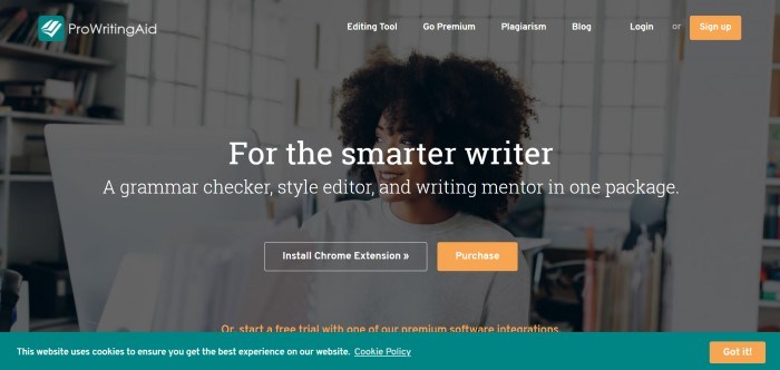 This screenshot of the home page for ProWriting Aid shows a dark-filtered photo of a smiling woman with black curly hair looking away from the camera in what looks to be a home office, with text in front of the photo that describes some of the top features of ProWriter.