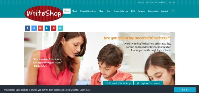 This screenshot of the home page for WriteShop shows a woman working on some writing projects with two elementary school aged children in a room with a mostly white background, with the question "Are you inspiring successful writers?" in orange text on the right side of the page.