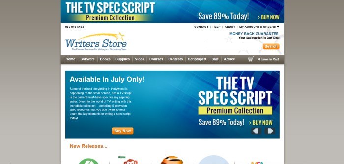 This screenshot of the home page for Writers Store includes a white background with the writer's store logo in the top left-hand corner of the screen, a brown navigation bar, and a blue text box with white lettering describing a premium TV scriptwriting service available for a short time.