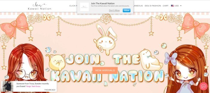 This screenshot of the homepage for Kawaii Nation shows a pale peach background with various kawaii graphics on it, including girls, bunnies, and stars, along with the words "Join the Kawaii Nation."