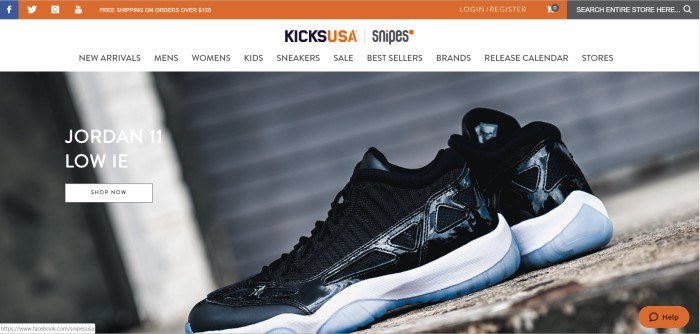 This screenshot of the home page for KickUSA shows a large photo of a pair of black sneakers with white soles against a blurry, dark gray background that could be a window, along with text in white lettering announcing the Jordan 11 Low IE sneakers.