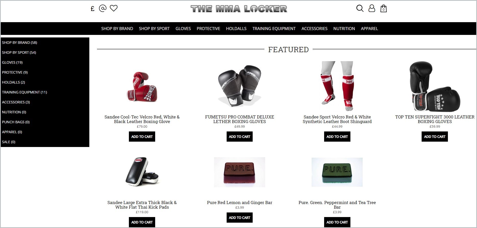 screenshot of The MMA Locker homepage with showcasing the images of the products they offer