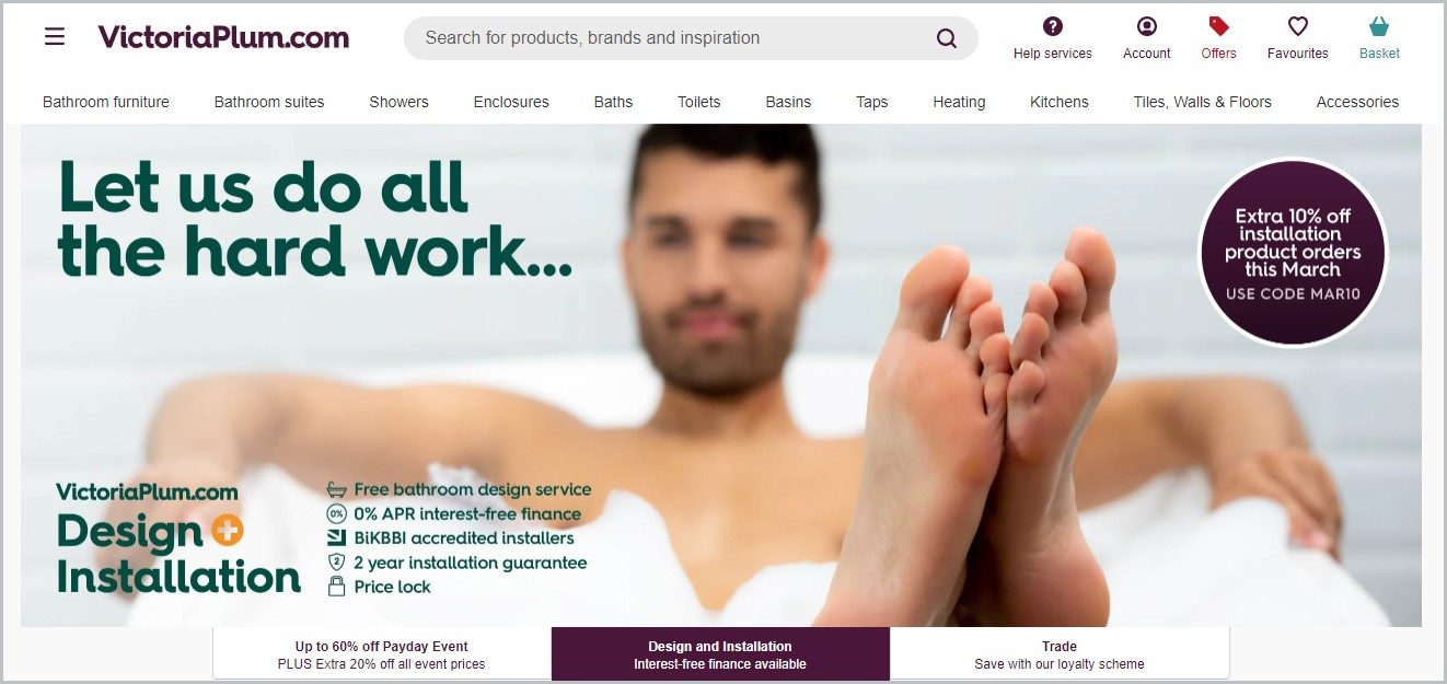 screenshot of VictoriaPlum.com homepage, with a picture of a man in a bath tub for main image