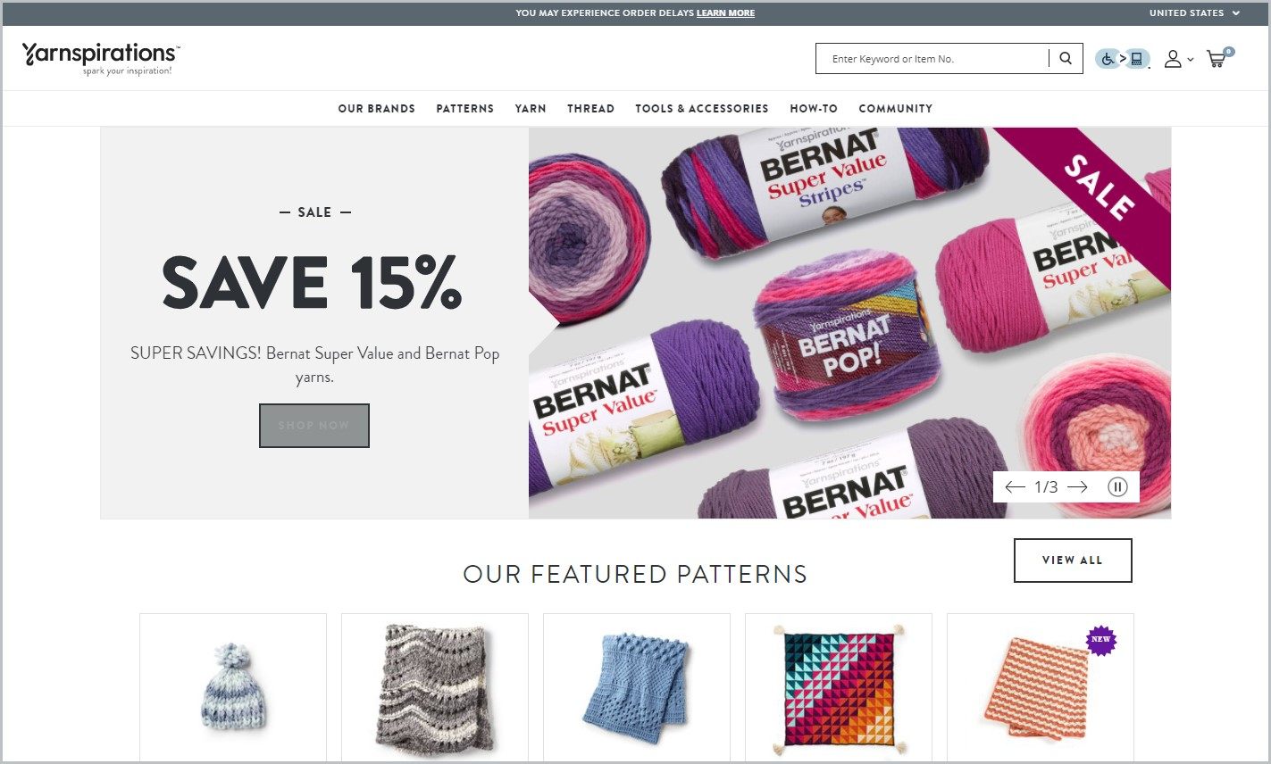 screenshot of Yarnspirations homepage, with a picture of different yarns for main image and different patterns