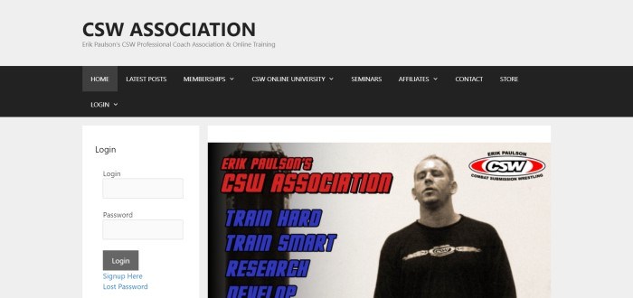 This screenshot of the home page for CSW Association shows a black header with white lettering, and below it, white and gray backgrounds with a log-in window on the left side and a black and white photo of Erik Paulson on the right, behind red and blue text that announces the CSW Association and some of its features. 