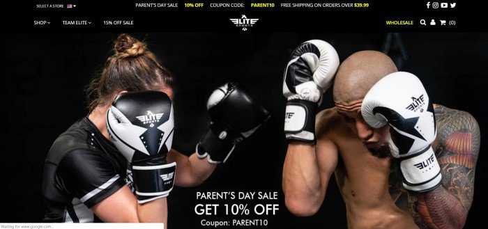 This screenshot of the home page for Elite Spots has a black background with a woman and a woman in black and white Elite Sports fighting gear facing off with each other, along with an advertisement in white text for a Parent's Day sale. 