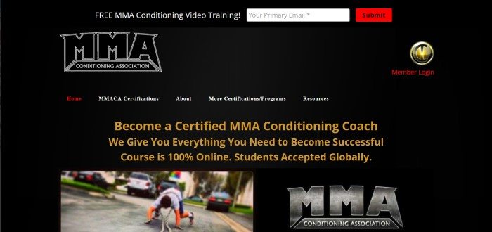 This screenshot of the home page for the Mixed Martial Arts Conditioning Association has a black background with text in gold that invites visitors to become a certified MMA conditioning coach, along with a photo of a man outside on a street and a large image of the logo.