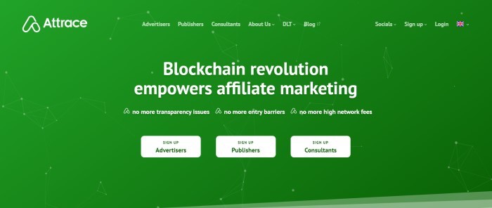 This screenshot of the home page for Attrace has a bright green background with white lettering and white call-to-action buttons announcing that blockchain technology empowers affiliate marketing.