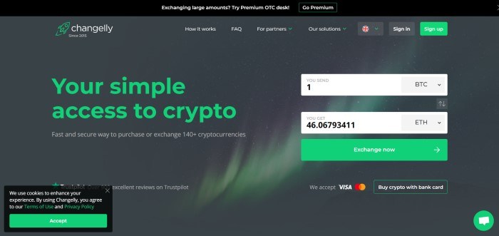 This screenshot of the home page for Changelly shows a background of a green aurora borealis, with text in white lettering and green call-to-action buttons in the foreground that announces simple access to cryptocurrency and the ability to trade immediately.