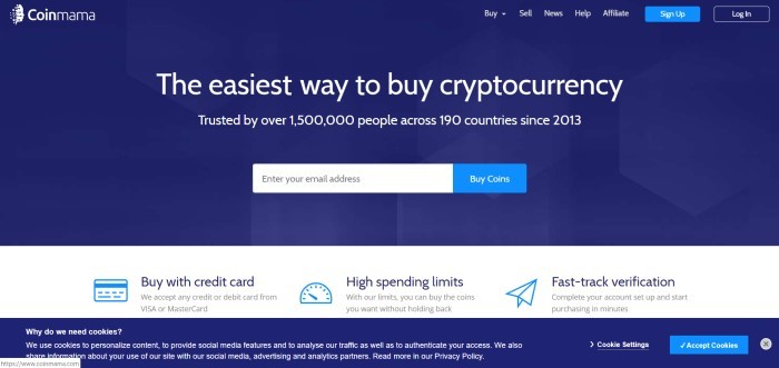 This screenshot of the homepage for Coinmama has a dark blue and white background with white lettering announcing it as the easiest way to buy cryptocurrency and call-to-action buttons in a lighter blue color. 