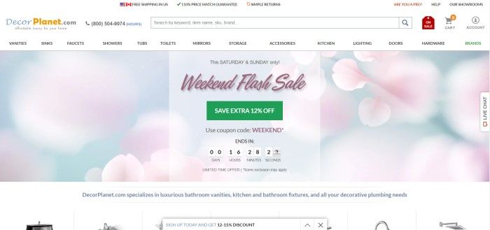 This screenshot of the home page for Décor Planet includes a blurred photo of pink flower petals floating in front of a light blue sky, along with an advertisement for a weekend flash sale and a green call-to-action button.