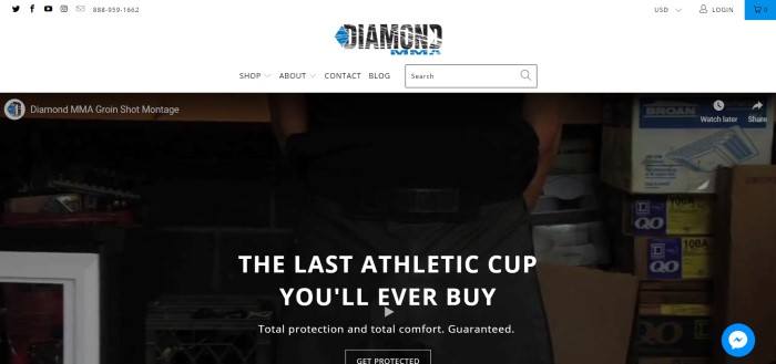 This screenshot of the home page for Diamond MMA shows a white background with the logo and a navigation bar in black lettering at the top, and below it, a dark-filtered photo that appears to be a shot of a man's midsection, with white lettering announcing Diamond MMA groin protection.