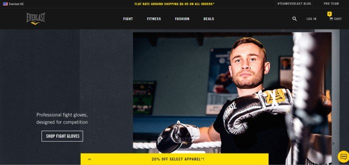 This screenshot of the home page for Everlast has a black background with white lettering and a yellow call-to-action button along with a photo of a young man in Everlast gloves and a black tee shirt inside a fighting ring. 