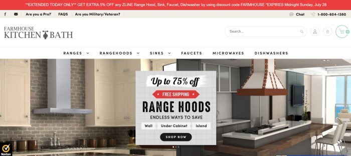 This screenshot of the home page for Farmhouse Kitchen And Bath shows two side-by-side photos of different kitchens with stylish range hoods, along with an announcement for a 75% off sale on range hoods, with free shipping.