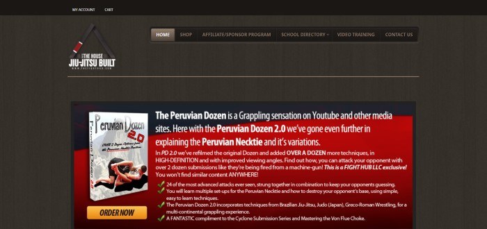 This screenshot of the home page for The Fight Hub has a black background with white text and a red and black advertisement with white text for a training video called the Peruvian Dozen. 