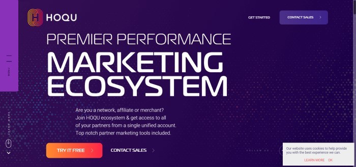  This screenshot of the homepage for Hoqu.com shows a dark blue background with light blue and red dots and text in white lettering that announces Hoqu as the premier performance marketing ecosystem.