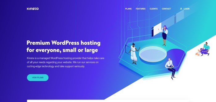 This screenshot of the home page for Kinsta has a mostly blue background with one white corner in the lower right, and some graphics representing people at work in different capacities, along with white lettering indicating that this website offers WordPress hosting solutions.