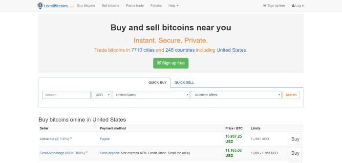 This screenshot of the home page for Local Bitcoins has a white and beige background with text in black, blue, and orange, information on exchange rates for different cryptocurrencies, and a window where cryptocurrencies can be bought or sold.