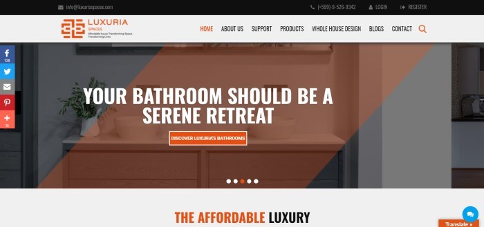 This screenshot of the home page for Luxuria includes a photo of an elegant modern bathroom with an orange-and gray divided filter across the top of it, and white text over the filtered photo that reads 'Your bathroom should be a serene retreat.'