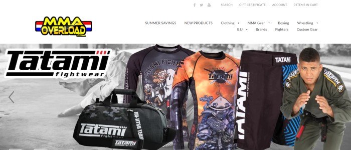  This screenshot of the home page for MMA Overload includes a colorful logo, a white background, and a large image of Tatami Fightwear laid over a black and white photo of a fighting match.