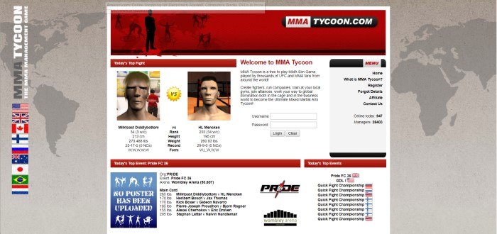 This screenshot of the home page for MMA Tycoon shows a tan flat map of the world as a background, along with the logo and flags of several countries on the left side of the page, and a fight sheet with two game-created fighters and their information, plus other game fighting information, on a white background with red headers near the center of the page. 