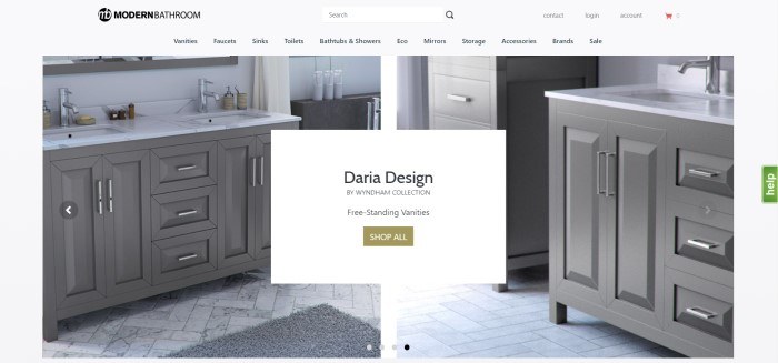  This screenshot of the home page for Modern Bathroom includes two side-by-side photos of Daria Design gray cabinets in a kitchen with a white tiled floor and white marble counter tops.