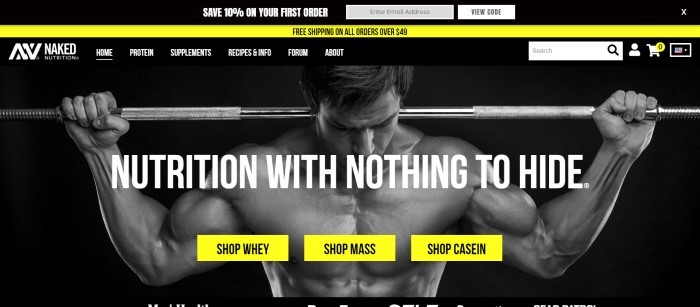 This Screenshot of the home page for Naked Nutrition has a black background with a black and white photo of a man resting a bar and weights over his shoulders, with white, yellow, and black text to show that Naked Nutrition is transparent about what goes into its products. 