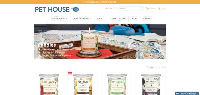 This screenshot of the home page for One Fur All shows a lit Pet House candle on a red cloth in the center of a wooden tray on a table.