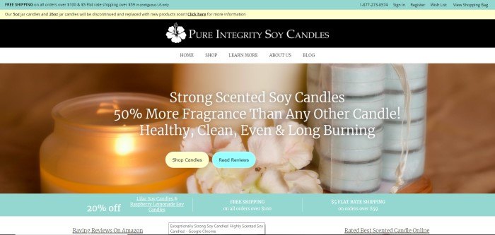 This screenshot of the home page for Pure Integrity shows a lit candle near a group of unlit candles and a flower.