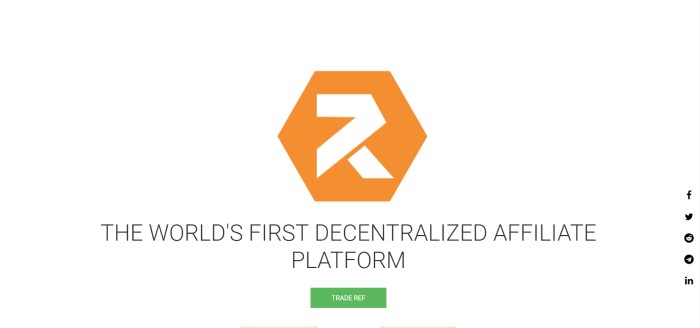 This screenshot of the home page for RefTokens has a plain white background with an orange logo, a green call-to-action button, and black text announcing RefTokens as the world's first decentralized blockchain affiliate program.