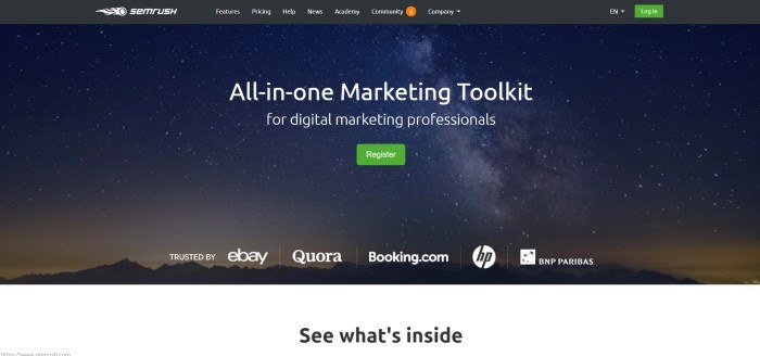 This screenshot of the home page for SEMRush shows a starry sky over a mountain range, with white lettering in front of it that reads "All-in-one Marketing Toolkit for digital marketing professionals."