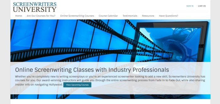 This screenshot of the home page for screenwriters university shows a blue background with empty transparent filmstrips running across it and an invitation in black lettering to view upcoming courses.