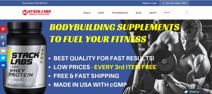 This screenshot of the home page for Stack Labs has a dark blue background with a photo of a whey protein supplement on the left side of the page and a black and white photo of a man pumping iron on the right side of the page, with white and yellow text between them explaining the product features. 