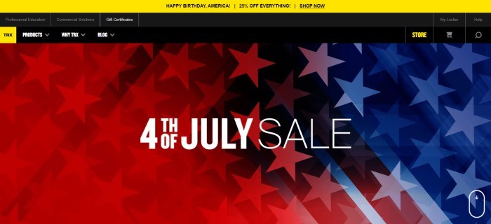 This screenshot for the home page for TRXshows a red-filtered American flag with a white-lettered announcement for a Fourth-of-July sale. 