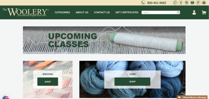 This screenshot of the home page for The Woolery shows a photo of a closeup of a loom with the words "upcoming classes" on it above a photo of a weaving project and a photo of blue skeins of yarn, both with links for shopping.