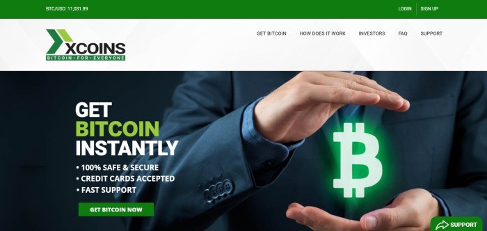 This screenshot of the home page for Xcoins contains a large photo showing a man's hands around a green glowing symbol that looks like a dollar sign but is made with a capital B rather than an S, along with green and white lettering announcing the ability for customers to buy Bitcoin immediately.