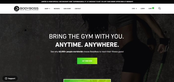 This screenshot of the home page for Body Boss portable gym shows a black background, a green call-to-action button, and white lettering that reads "Bring the gym with you, anytime, anywhere."