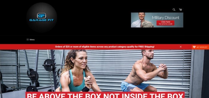 The screenshot for the home page for Garage Fit shows a photo of a man and a woman exercising below a large black header and above a red text box with white lettering that reads "Be above the box, not inside the box."