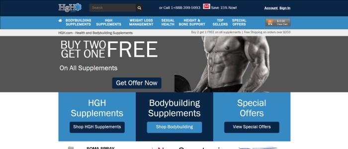 This screenshot of the home page for HGH.com shows a white background with blue and darker blue squares behind text in white lettering, introducing what HGH has to sell, along with a black and white photo of a man working out. 