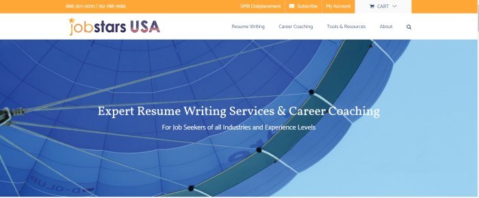 The screenshot of the home page for Jobstars shows the underside of a blue parachute with a bit of blue sky showing beyond it, with white lettering in front of the picture that reads 'Expert resume writing services & career coaching.'